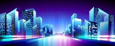 Vector neon metropolü gece görüşü Gece yolu ve ışıklar.