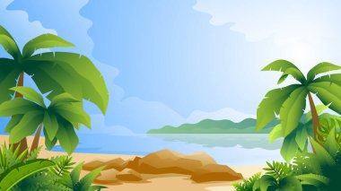 Tropikal manzaranın yatay renkli gösterimi. Okyanus ve ada arka planında palmiye ağaçları olan sahil.