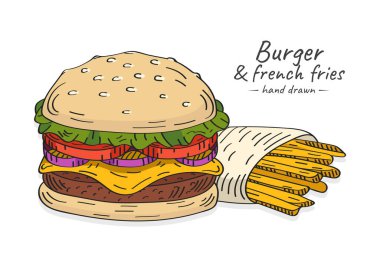 Renkli hamburger çizimi ve patates kızartması. Hamburger, marul, domates, soğan, peynir ve susamlı çörek..