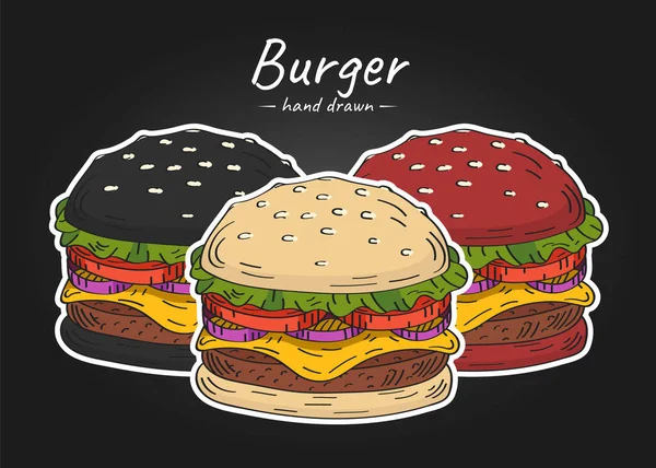 Vector Hand Drawn Sketch Illustration Set Burgers White Red Black — Stock Vector