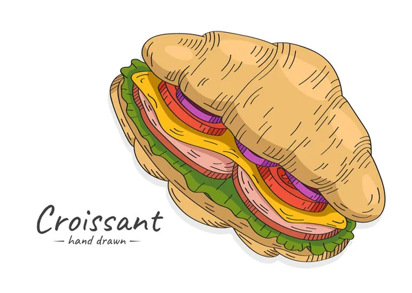 Vektor Handritad Skiss Fylld Croissant Smörgås Med Tomat Lök Skinka — Stock vektor