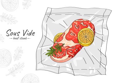 Vektör elle çizilmiş biftek çizimi. Sous-Vide Yavaş Pişirme Teknolojisi.
