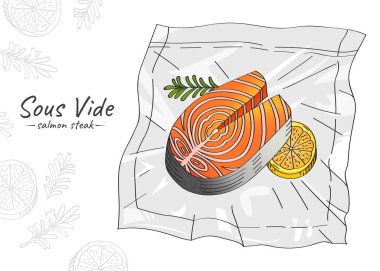 Vektör el, biberiyeli ve limonlu somon bifteğinin robot resmini çizdi. Sous-Vide Yavaş Pişirme Teknolojisi.