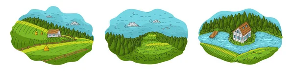 矢量手绘五彩斑斓的自然风景画集 森林附近的村庄房屋和白色背景隔离的山脉 — 图库矢量图片