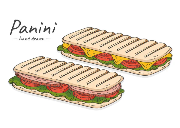 Handritad Färgglad Panini Illustration Med Ost Tomater Och Skinka — Stock vektor