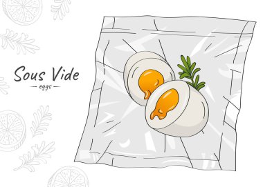 Vektör el çizimi, yumurta sarısı ve tavuk yumurtası pişirme tasviri. Sous-Vide Yavaş Pişirme Teknolojisi.