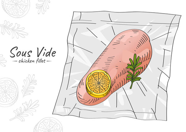 Vector hand drawn sketch illustration of chicken fillet with rosemary and lemon. Sous-Vide Slow Cooking Technology.