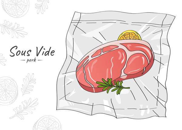 Vector hand drawn sketch illustration of raw pork with spices and lemon. Sous-Vide Slow Cooking Technology.