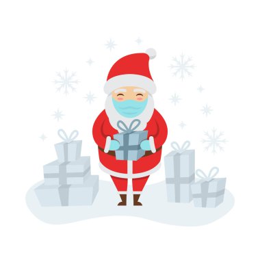 Koruyucu maskeli yassı Noel Baba beyaz arka planda hediyeler tutuyor..
