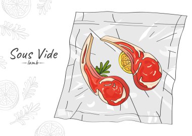 Vektör el çizimi, vakumlu baharatlı kuzu pirzolası çizimi. Sous-Vide Yavaş Pişirme Teknolojisi.