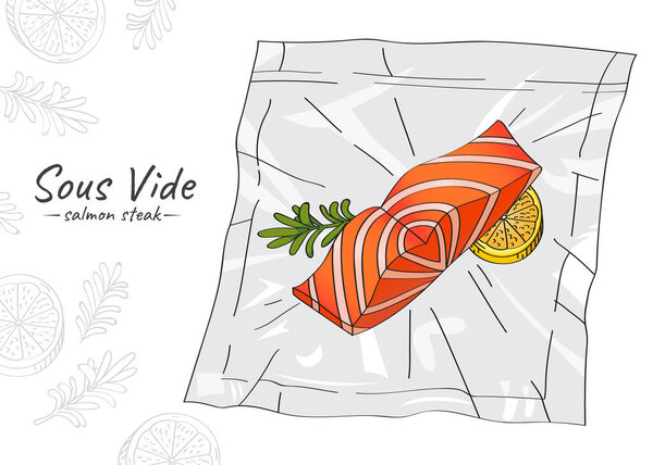 Vector hand drawn sketch illustration of a salmon filet with rosemary and lemon. Sous-Vide Slow Cooking Technology.