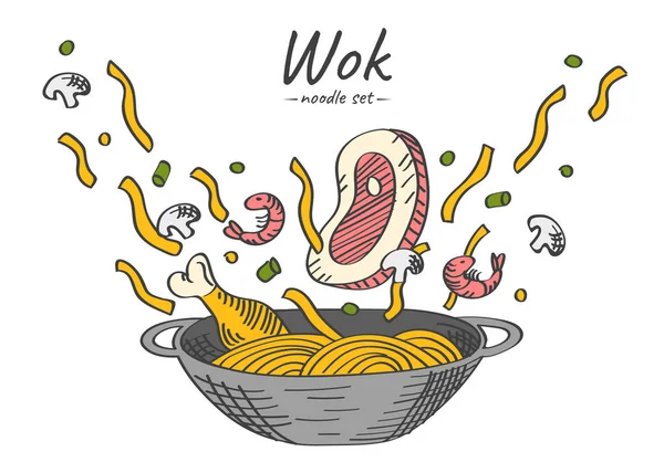 Χειροποίητη Απεικόνιση Πολύχρωμων Ιπτάμενων Νούντλς Κρέας Τηγάνι Γουόκ — Διανυσματικό Αρχείο