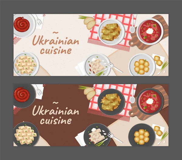 Ukrainian Cuisine Set Banners Top View Table — Stock Vector
