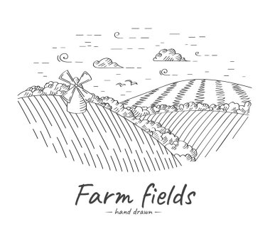 Vektör el çizimi tarlaların ve değirmenin çizimi.