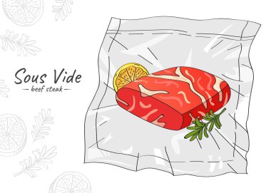 Vektör elle çizilmiş biftek çizimi. Sous-Vide Yavaş Pişirme Teknolojisi.