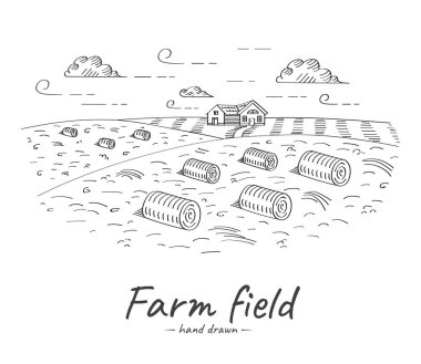 Vektör el çizimi bir çiftliğin çizimi. Toplanmış saman demetleriyle çayırlar, çiftlik evleri.