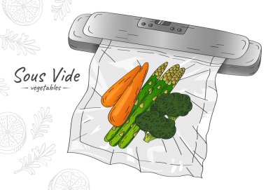 Vektör el, vakum paketinde bir vakum mühürü ve sebze çizimi çizdi. Sous-Vide Yavaş Pişirme Teknolojisi.
