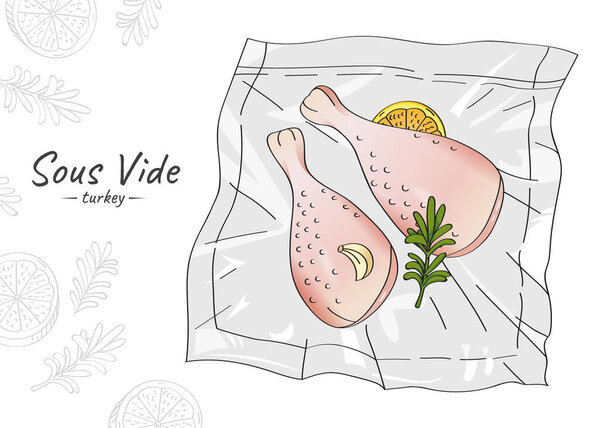 Vector hand drawn sketch illustration of raw turkey legs with spices and lemon vacuum packed. Sous-Vide Slow Cooking Technology.