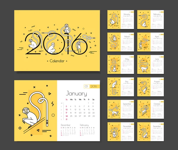 Kalender för 2016 med apor — Stock vektor