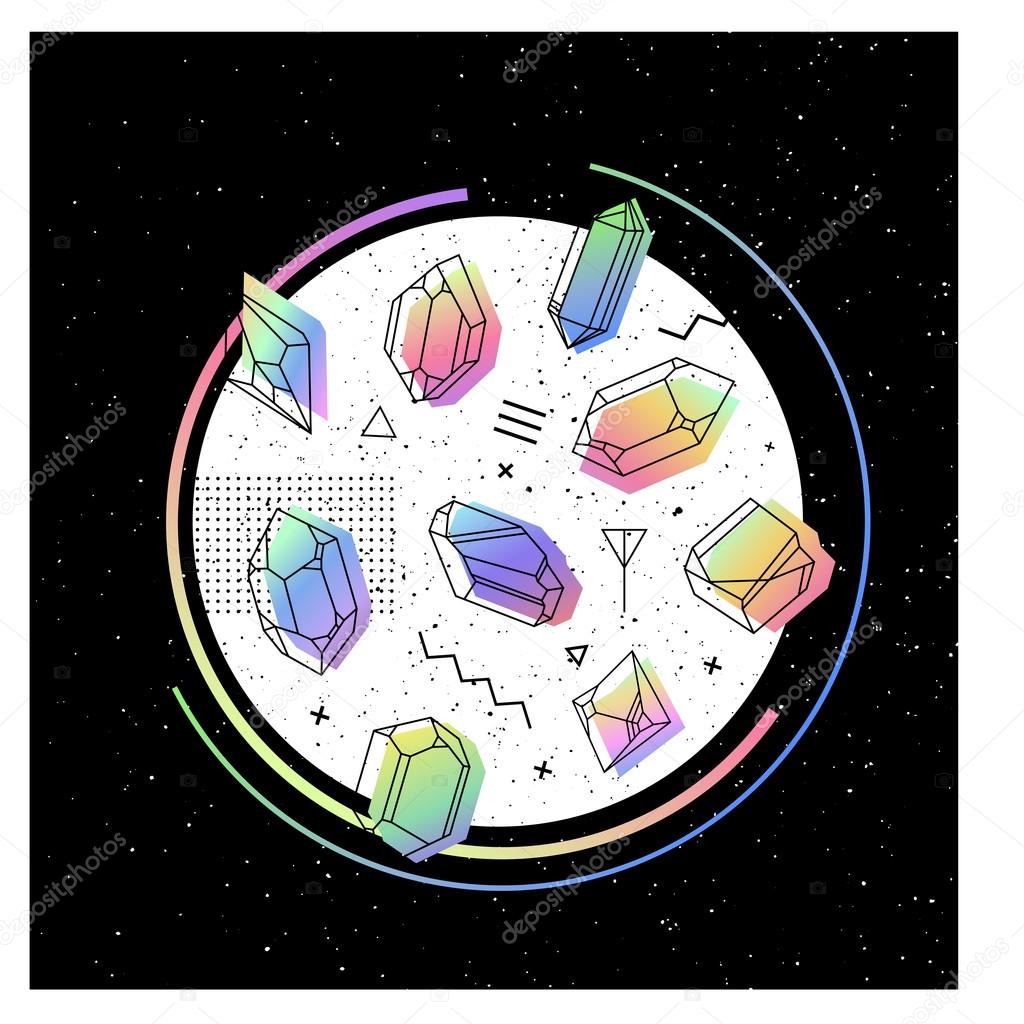Space Vector circle with crystals inside petrol color. memphis style for hipster. Geometry composition on a black background to build, fabrics, T-shirts, greeting cards, 80.