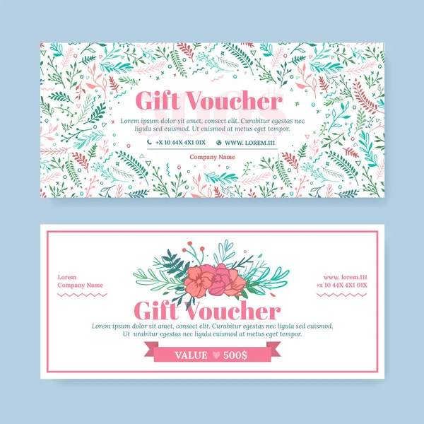 Certificado de regalo con delicadas flores pintadas en estilo boho . — Vector de stock