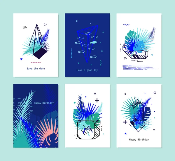 Set di carte di elementi tropicali con cristalli . — Vettoriale Stock