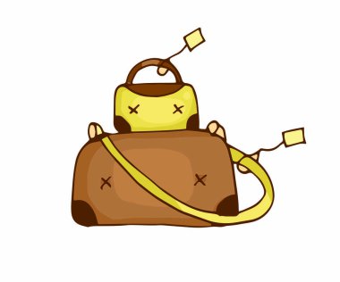 Aynı tarzda bir çanta ve pullarla dolu bir valizle seyahat seti. Kahverengi ve bej gözlükler. Tatil için klasik tarz gezgini ayarlandı.