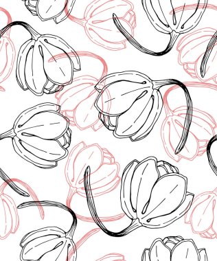 Şeffaf bir arkaplanda çiçek desenli Contour vektör deseni. Siyah ve yumuşak pembe renkler.