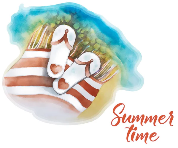 夏休みのラスター水彩イラスト 海の砂のビーチと青い海 海のスタイルのタオルでビーチスリッパ 夏のビーチアクセサリーとセット — ストック写真