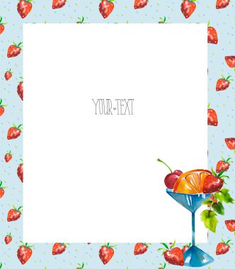 Raster suluboya deseni, çerçeve, Summer Collection kataloğundan resimler. Ayrı bir katmanda metin. Citrus meyveleri, sulu meyveler, palmiye ağaçları, tatil, sıcak yaz. Deniz aksesuarları.