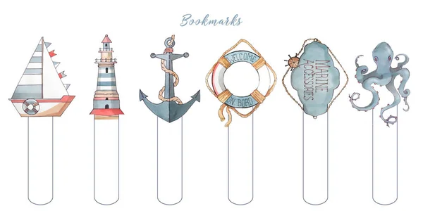 A watercolor illustration from a marine set. A lifebuoy, a boat, an anchor, a lighthouse, a rope and an octopus. Suitable for interior decoration, postcards, children\'s parties, fabrics, wallpaper. Beach summer fashion, yacht sports.