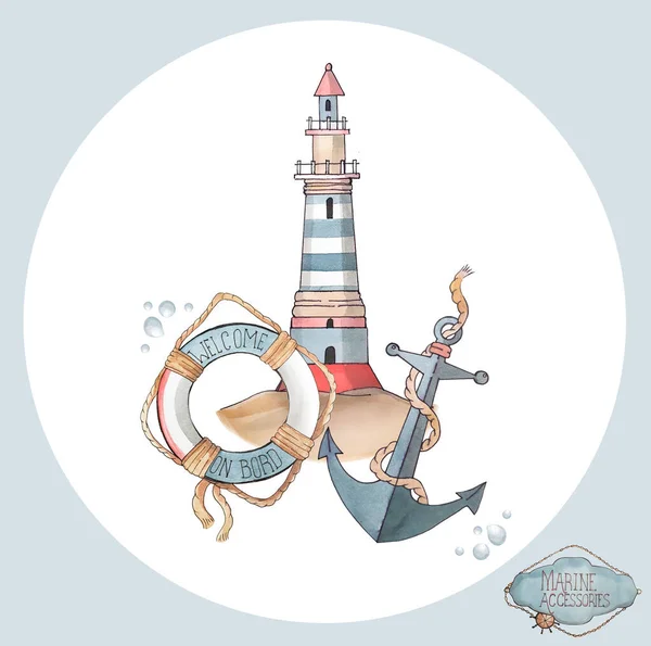 A watercolor illustration from a marine set. A lifebuoy, a boat, an anchor, a lighthouse, a rope and an octopus. Suitable for interior decoration, postcards, children\'s parties, fabrics, wallpaper. Beach summer fashion, yacht sports.