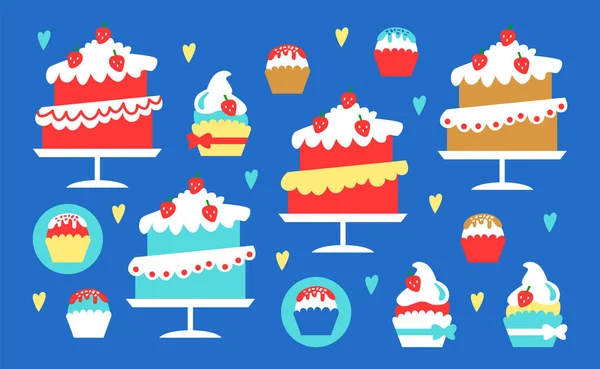 Una Serie Caramelle Torte Cupcake Sfondo Blu — Vettoriale Stock