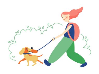 Kız ve köpek mutlu bir şekilde yürüyorlar. Yazın tadını çıkarıyorlar.