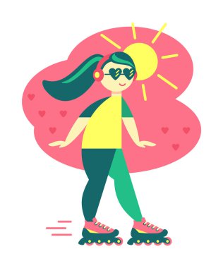 Kız paten kayıyor, kulaklık takıyor, güneş parlıyor.