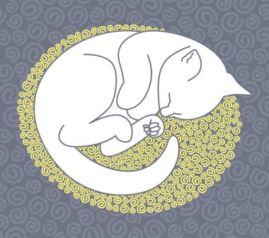 Beyaz kedi yavrusu sarı bir halıya kıvrılmış uyuyor. Leylak arkaplanda düz vektör illüstrasyonu.