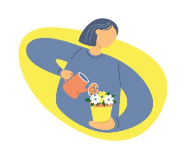 Genç bir kız bir ev bitkisiyle ilgileniyor, bir su bidonundan güzel çiçekleri hayranlıkla izliyor ve dikkatlice suluyor. Vektör