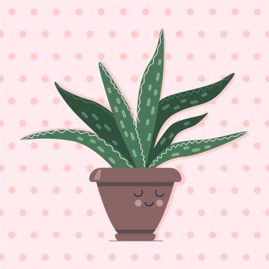 Tencerede stilize edilmiş aloe vera çiçeği. Pembe benekli arka plan. Düz vektör illüstrasyonu.