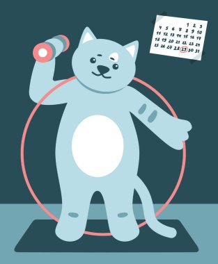 Şirin, mutlu kedi spor için içeri giriyor. Spor Malzemeleri. Düz vektör illüstrasyonu.