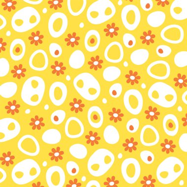 Yellow floral pattern. Orange flowers and white ovals. Simple geometric shapes. Flat vector illustration.