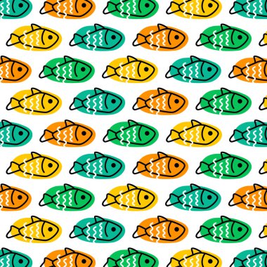 Beyaz arka planda çok renkli yumurtalıklarda çok renkli balıklar. Şablon. Deniz temasında düz vektör illüstrasyonu.