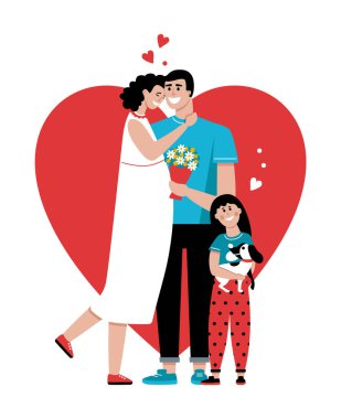 Mutlu bir aile. Baba, hamile anne, kucağında köpek olan küçük kızları. Vektör illüstrasyonu.