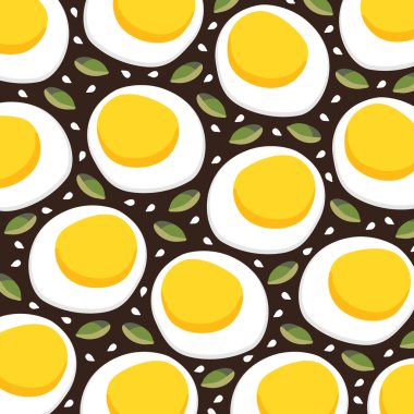 Susam ve balkabağı yumurtası ve tohum. Kahverengi arka planda biçimlendirilmiş vektör deseni. Düz Çizim.