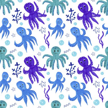 Komik mavi ve mor ahtapot desenli kusursuz desen. Çocuklar için tekstil, fon. 