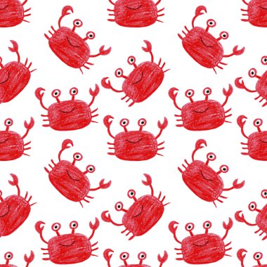 Sevimli kırmızı yengeç çizimleriyle kusursuz desen. Çocuklar, tekstil, arka planlar için. 