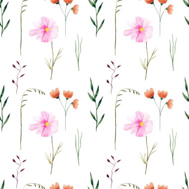 Yabani çiçek çizimleriyle kusursuz suluboya deseni. Parmak izi, kumaş, duvar kağıtları için.. 