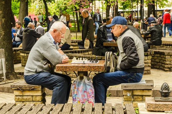 Kiev /Ukraine - Mayıs 2015: İki adam Şehir Parkı satranç oynuyor. 17 Mayıs 2015, Kiev, Ukrayna