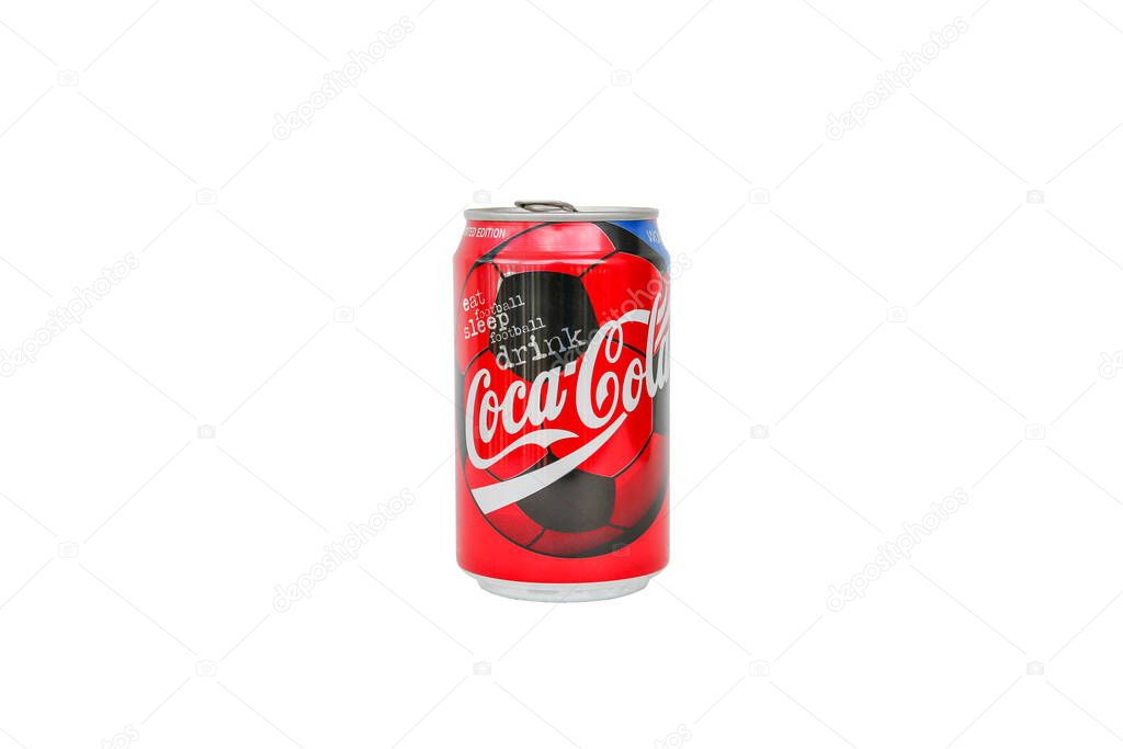Bangkok,Thailand October 15,2017 : Coca-Cola can is screen Football picture on white background