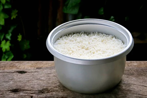 Verse Gekookte Rijst Pot Hout — Stockfoto