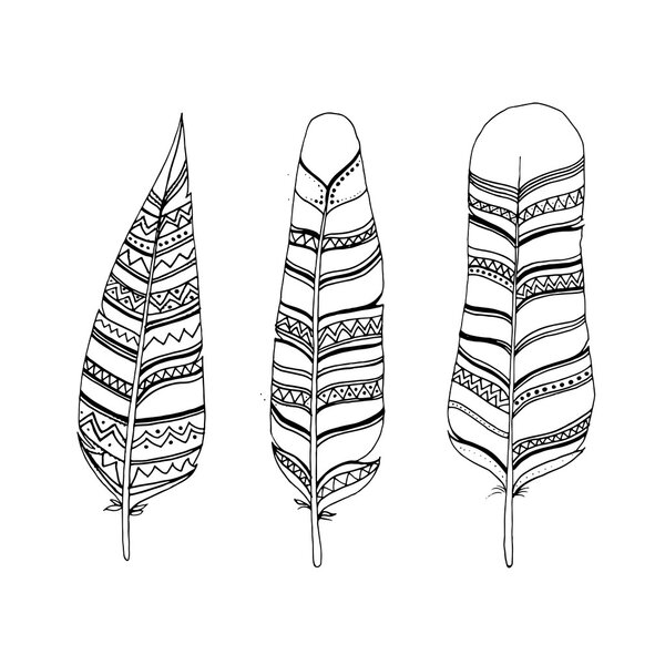 Sketch hand drawn feathers set. Line art feathers in ethnic indi
